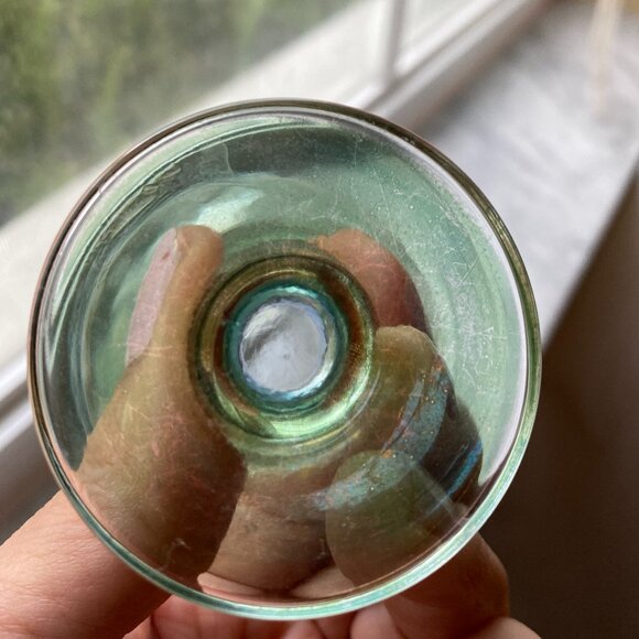 Crystal Etched Filagree Motif Clear Green & Gold Vintage Cordial Stemed Glass - Picture 5 of 6